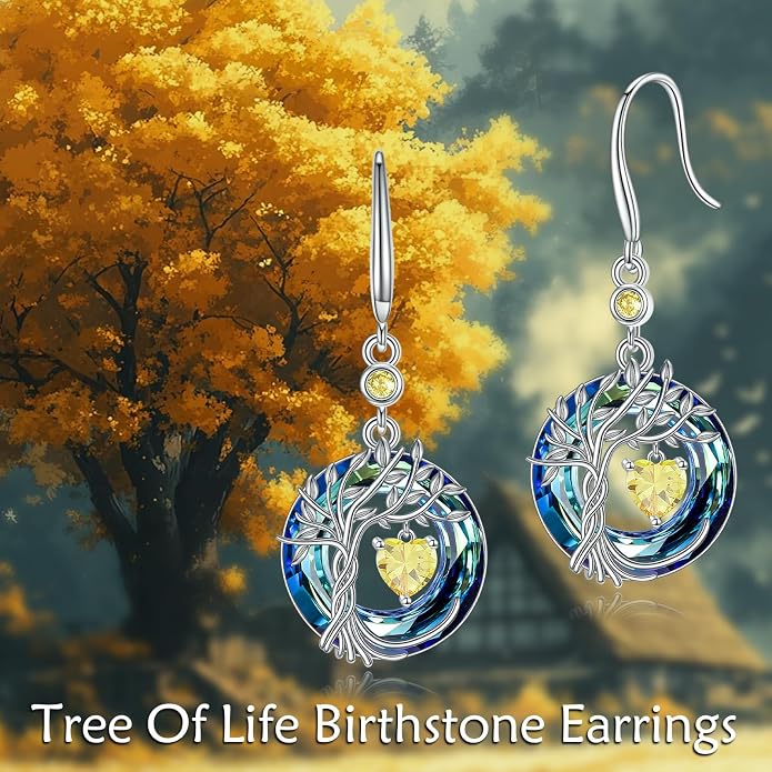POPLYKE Tree of Life Birthstone Earrings 925 Sterling Silver Dainty Gemstone Birthstone Dangle Drop Earring with Crystal Fine Jewelry Birthday Gifts for Women Her