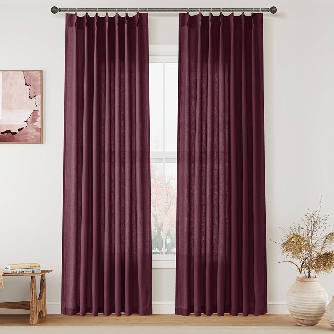 Aersas Burgundy Pinch Pleated Linen Curtains 84 Inch Length 2 Panels for Living Room Bedroom Semi Sheer Window Curtain Boho Neutral Back Tab Pinch Pleat Drape with Hooks 40x84