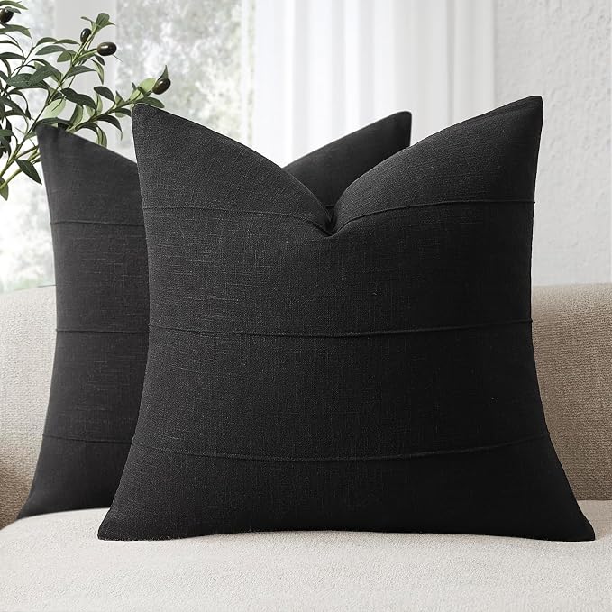 ZWJD Decorative Linen Throw Pillow Covers 24x24 Set of 2 Solid Handcrafted Striped Cushion Covers for Bed Soft Modern Farmhouse Neutral Pillowcase for Couch Bedroom Living Room Home Decor(Black)