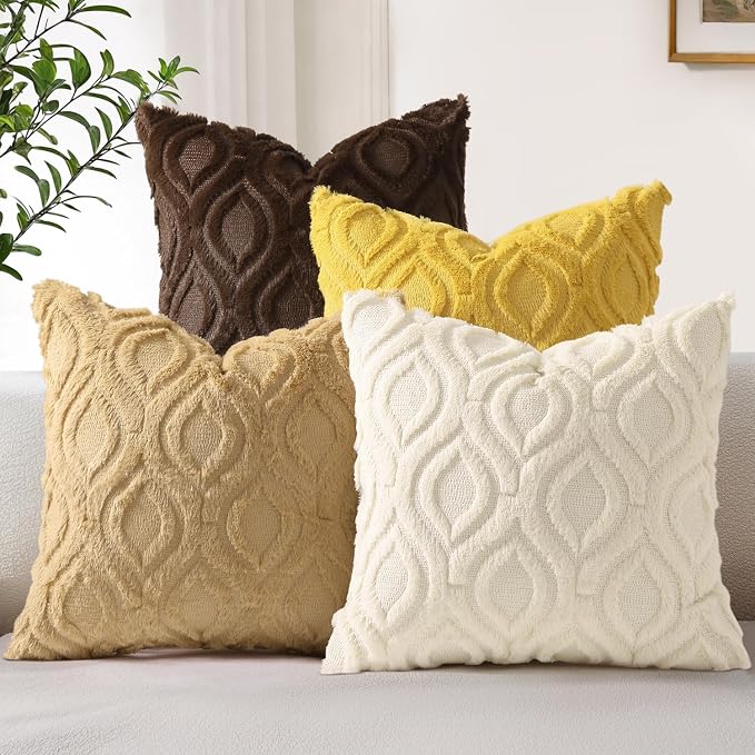decorUhome Beige Yellow Faux Fur Soft Throw Pillow Covers 18x18 Set of 4 | Fall Neutral Decorative Plush Couch Pillow Covers, Accent Modern Farmhouse Neutral Pillow Cases for Sofa Bed Living Room