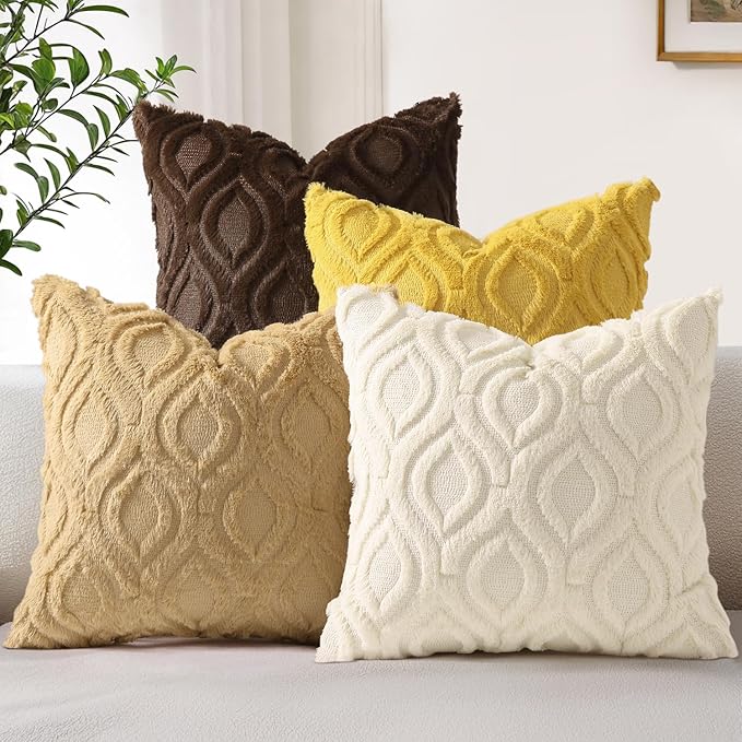 decorUhome Beige Yellow Faux Fur Soft Throw Pillow Covers 16x16 Set of 4 | Fall Neutral Decorative Plush Couch Pillow Covers, Accent Modern Farmhouse Neutral Pillow Cases for Sofa Bed Living Room