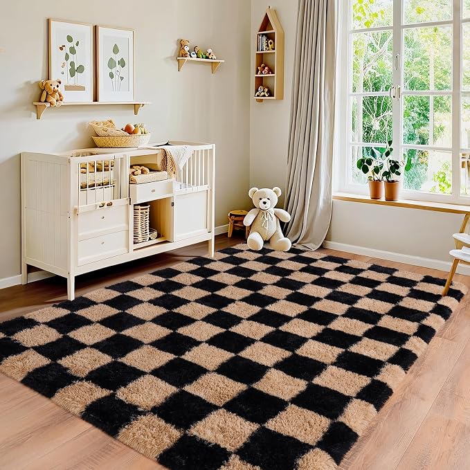 Pionblank Fluffy Area Rug for Bedroom 4x6, Modern Indoor Shag Carpet, Soft Plush Non Slip Checkered Rugs for Living Room Kids Room Home Decor, Black and Beige