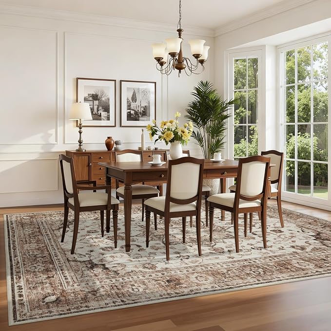 Joydeco 5x7 Area Rugs for Living Room, Non Slip Machine Washable Vintage Rug, Low Pile Chenille Print Rugs for Bedroom, Dining Room, Home Office, Pet & Child Friendly, Beige & Blue & Reddish-Brown