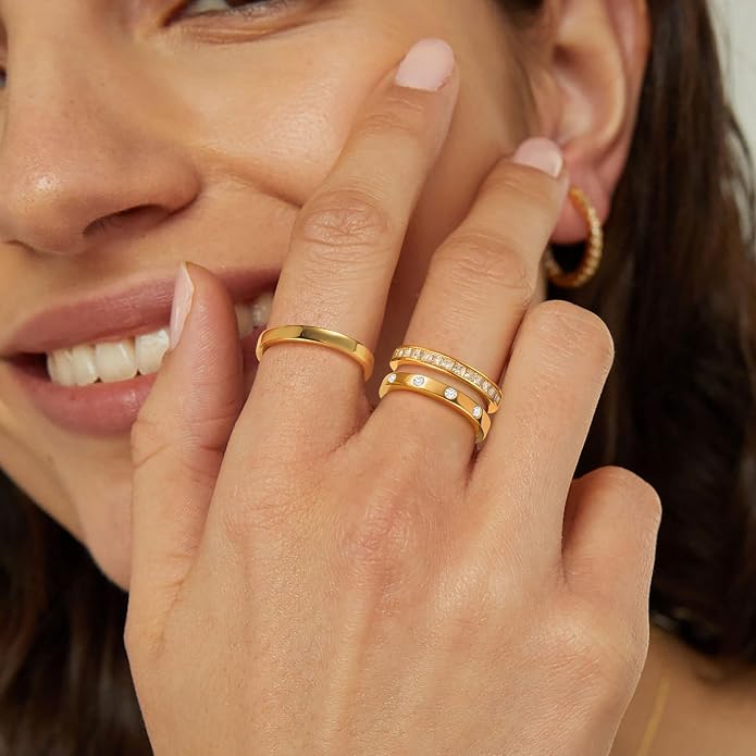 RLMOON 8-12PCS 14K Gold Ring Set for Women Non Tarnish Dainty Silver Rose Gold Thumb Stackable Stacking Rings Heart CZ Pinky Rings Plain Band Size 4-12