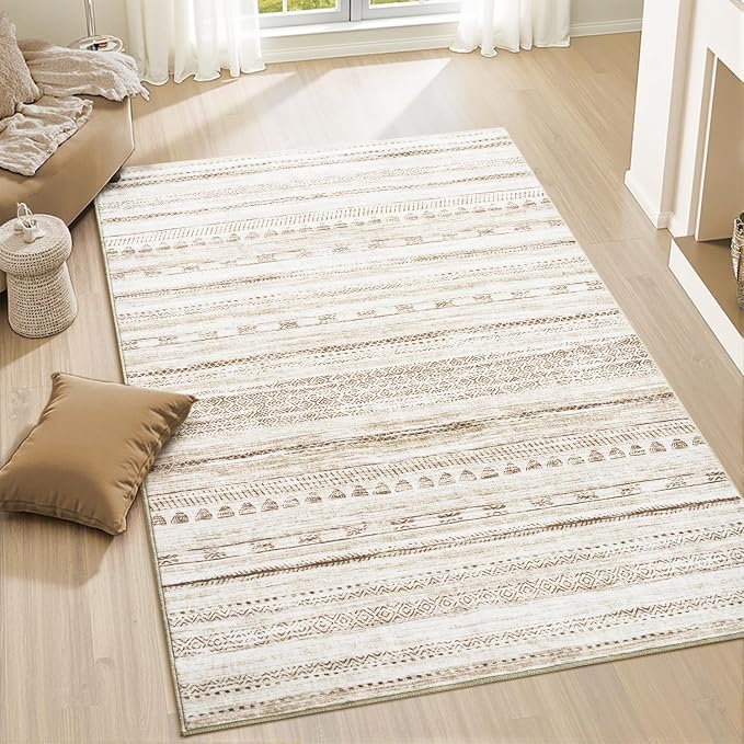 3x5 Area Rug Machine Washable Non Slip Rug Distressed Neutral Moroccan Boho Rug Ultra Soft Indoor Rugs for Bedroom Living Room Entryway Kitchen Foyer Bedside, Light Brown