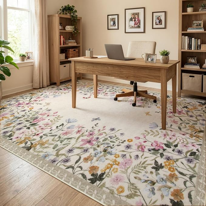Wonnitar 8x10 Washable Area Rug, Beige Floral Rug for Living Room, Boho Large Non Slip Bedroom Carpet, Low Pile Soft Nursery Rug, Farmhouse Dining Room Decor (8x10 Beige)
