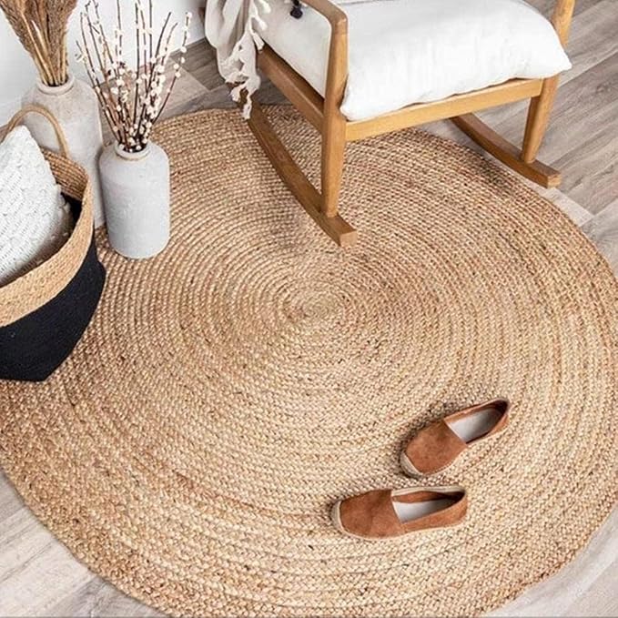 Jute Braided Area Rug, 6 feet Round, Stain Resistance Artisan-Crafted Natural Boho Area Rug,Tailored for Entryways, Living Room, Bedroom, Farmhouse Vintage Interiors, Reversible Design