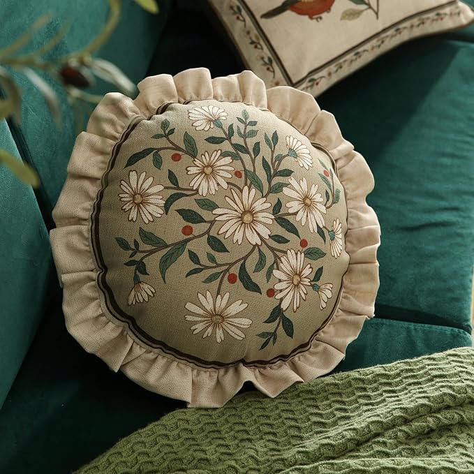 ISAENNE Vintage Linen Throw Pillow Cover,Set of 2,Diameter 16"-Brune C | Designer Elegant Round Pillow Cover,Concealed Zipper Design,Floral Pattern,Sofa,Bedroom,Living Room,Lounge Chairs