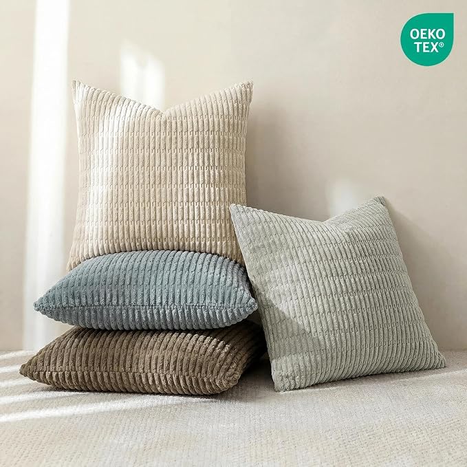 Softalker Throw Pillow Covers 18x18 Inch, Set of 4, Corduroy Soft Striped Farmhouse Boho Pillow Cover, Modern Decorative Cushion Pillow Case for Couch Sofa Bedroom Living Room, Grey/Beige