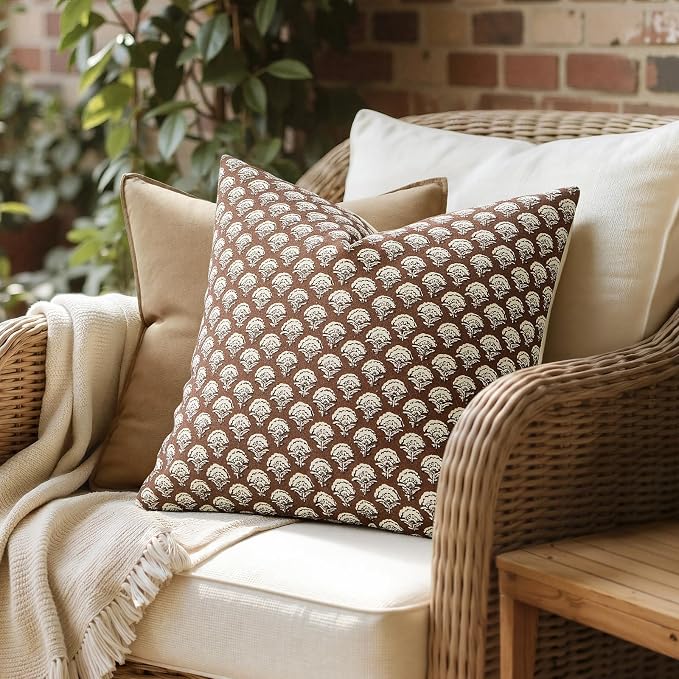 MIULEE Set of 2 Decorative Floral Throw Pillow Covers Neutral Vintage Fall Block Print Boho Farmhouse Cushion Covers for Modern Spring Home Decor Couch Sofa Bed Living Room, 18x18 Inch, Dark Brown
