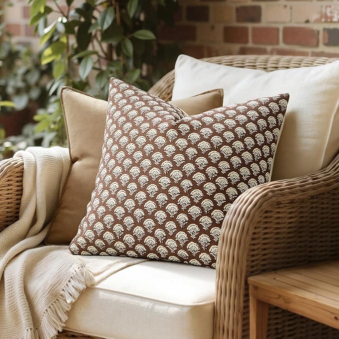 MIULEE Set of 2 Decorative Floral Throw Pillow Covers Neutral Vintage Fall Block Print Boho Farmhouse Cushion Covers for Modern Spring Home Decor Couch Sofa Bed Living Room, 20x20 Inch, Dark Brown