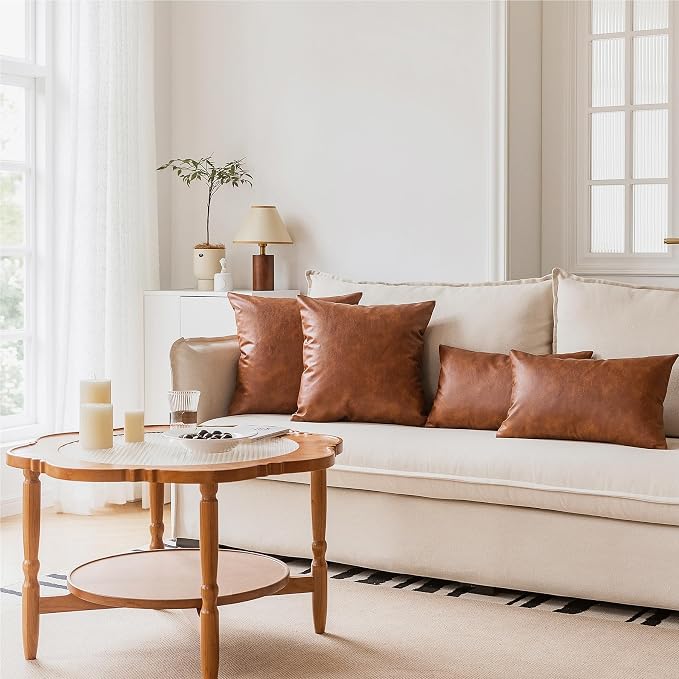 Faux Leather Throw Pillow Covers, 22x22 Inch Set of 2 Brown Cognac Solid Boho Modern Minimalist Square Decor Pillowcases for Outdoor Living Room Couch Bed Sofa Bedroom Cushion Covers