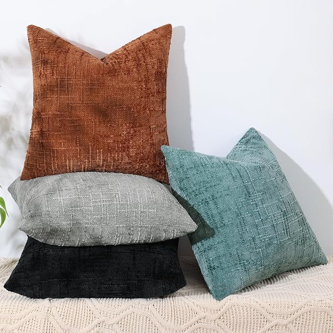 decorUhome Textured Chenille Throw Pillow Covers 18x18 Set of 2 Black | Fall Modern Farmhouse Soft Cozy Slubby Couch Pillow Cases Boho Decorative Pillow Cases for Bed Sofa Living Room Home Decor