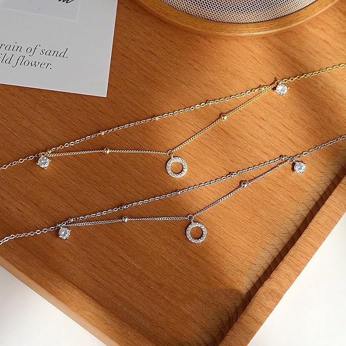 925 Sterling Silver Beaded Anklets for Women 14K Gold Plated Layered Ankle Bracelets Waterproof Cubic Zirconia Circle Charm Anklets Summer Jewelry Birthday Graduation Gifts