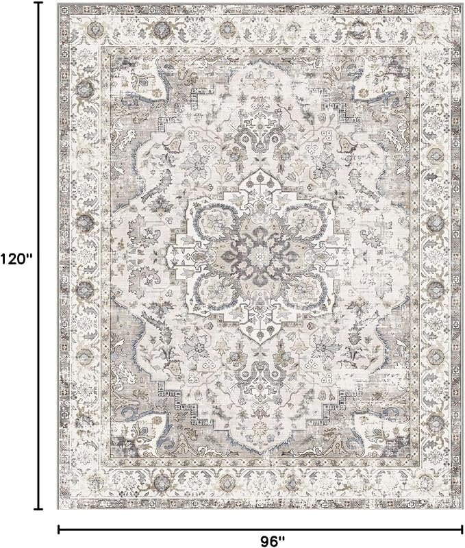 LUXRUG Washable Area Rug 8x10 - Large Cream Boho Rugs for Living Room Soft Vintage Bedroom Rug Ultra-Thin Farmhouse Oriental Distressed Carpet Non Slip Rug for Dining Room Guest Room Home Decor