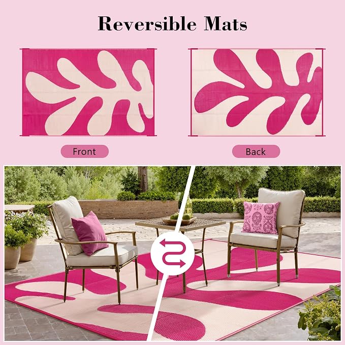 Lahome 9x12 Pink Outdoor Pool Rug, Sea Coral Beach Camping Rugs for Outside Your Rv, Waterproof Plastic Straw Stain Resistant Deck Carpets for Picnic Patio Porch Decor, Pink 9'x12'