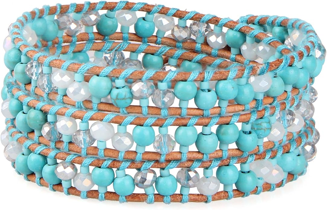KELITCH Skull 3 Wrap Leather Bracelet Punk Beaded Bracelets Stackable Gothic Bangle Bracelets