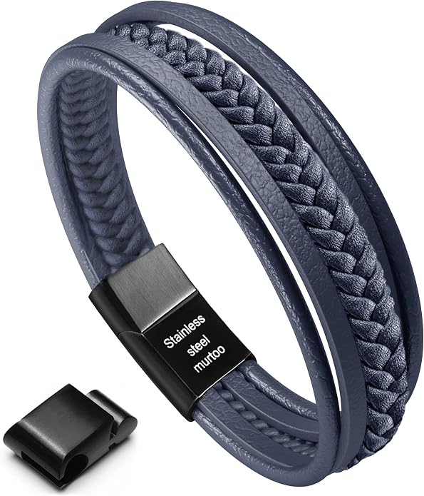 murtoo Mens Leather Bracelet with Clasp Cowhide Multi-Layer Braided Leather Mens Bracelet