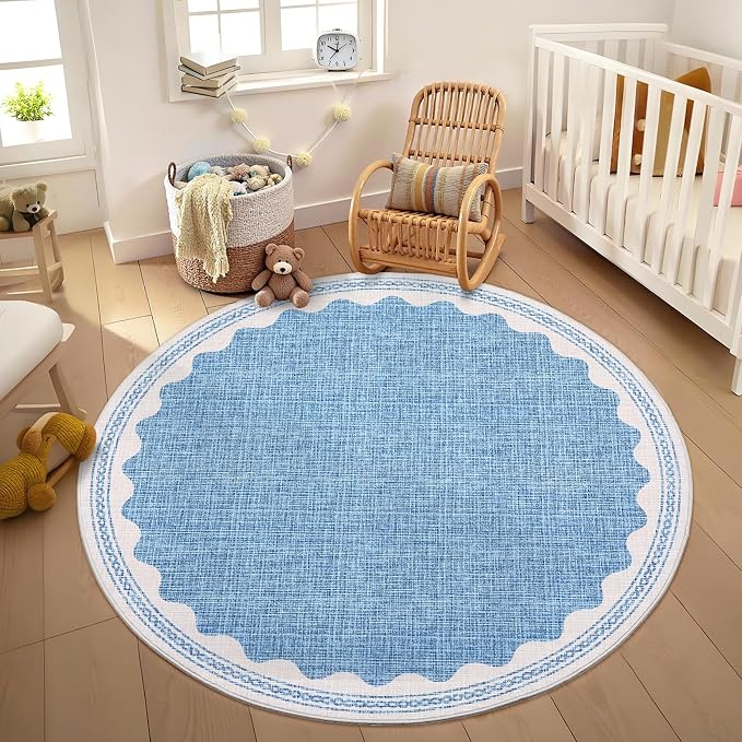 GarveeHome Scalloped Blue 4ft Round Rug Washable Non-Slip Soft Ultra-Thin Small Circle Modern Cottage Core Solid Tan Carpet for Entryway Kitchen Bedroom Nursery Dining Room