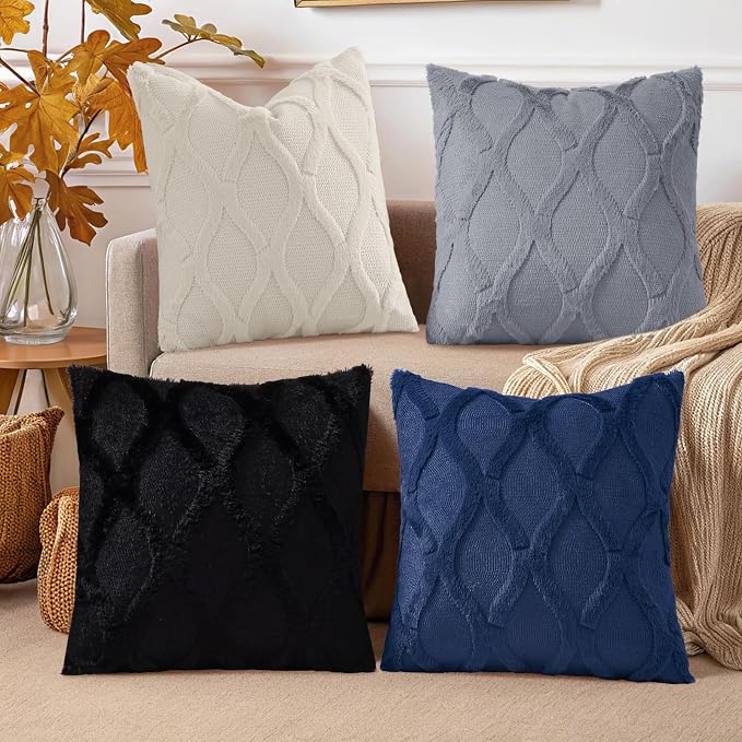 decorUhome Set of 4 Faux Fur Throw Pillow Covers 18x18(Blue/Grey) | Neutral Decorative Soft Plush Couch Pillow Covers, Farmhouse Pillow Cases for Living Room Bed Sofa