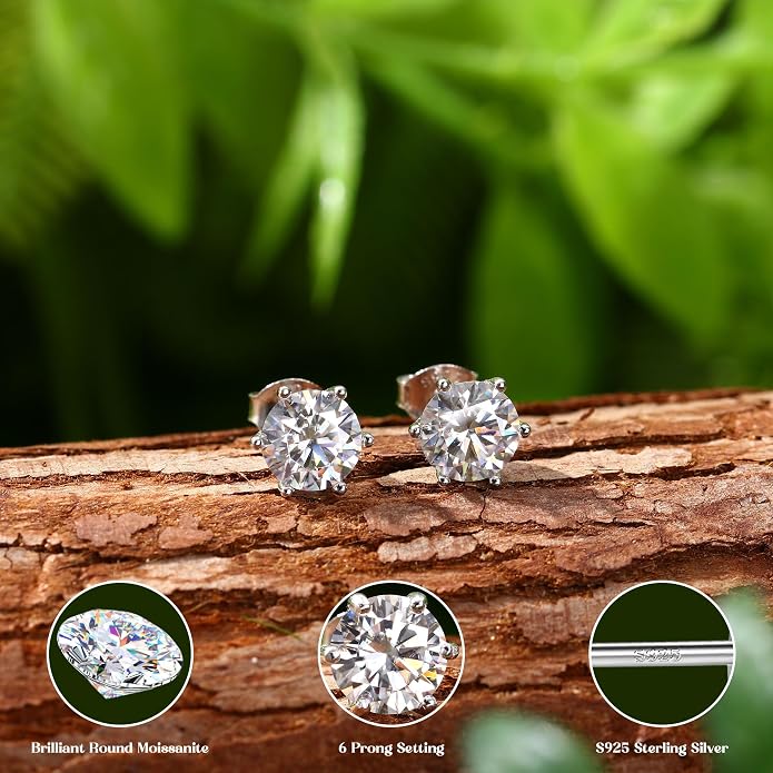 Moissanite Stud Earrings : 18K White Gold Plated Solid 925 Sterling Silver Earring Hypoallergenic Dainty Flat Back Stud Earrings Jewelry for Women Men D Color VVS1 Clarity