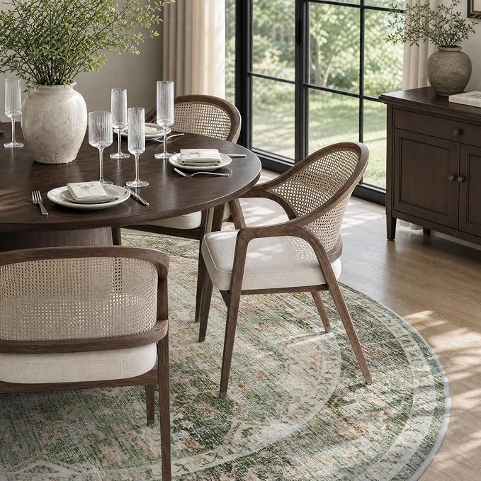 AMOAMI-6FT Round Rug-Rugs for Living Room-Vintage Soft Olive Green Rugs for Bedroom-Non Slip Circle Rug-Machine Washable Rug for Dining Room Living Room Bedroom Office Under Table