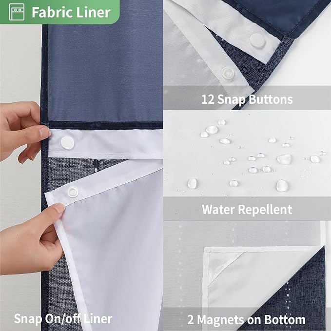 eachope No Hook Extra Long Shower Curtain Set with Snap-in Liner,Linen Textured Thick Striped Fabric with Tassels,Boho Chic Modern Farmhouse Bathroom Curtain,Water-Repellent,Navy Blue,71x86