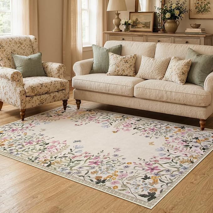 Wonnitar 4x6 Washable Area Rug, Boho Floral Bedroom Rug, Botanical Carpet for Nursery, Beige Non Slip Office Rug, Farmhouse Kitchen Kids Playroom Decor (4x6 Beige)