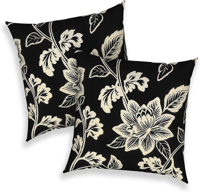 Outdoor 16x16 Inch Throw Pillow Covers Set of 2, Covers ONLY, All Weather Square Pillow Cases, Patio Cushion Pillow of Home Furniture Use, Elegant Vines Black
