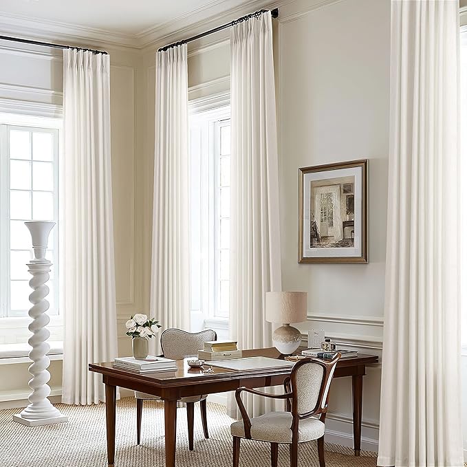 Cream 92 Inch Floor to Ceiling Curtains Pinch Pleat Linen Semi Sheer | Light Filtering, Ivory, Memory Trained, Custom Curtain, for Bedroom Dining Living Room, Pleated Drapes, Hooks Rings, 1 Panel