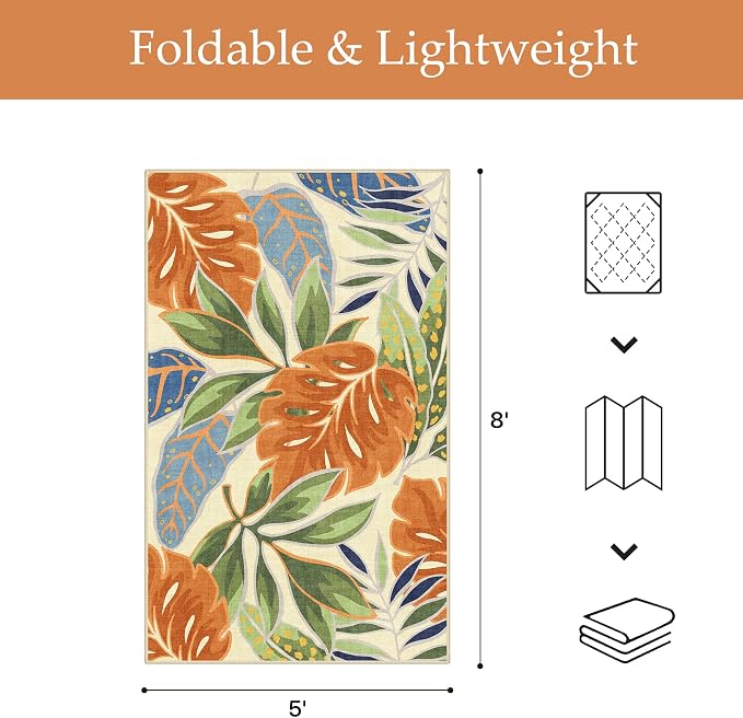 GENIMO 5x8 Outdoor Rug, Washable for Patio and Deck, Rust Sage | Botanical leaf design for porch; fade resistant chenille with quick-dry non-slip backing for indoor sunroom.