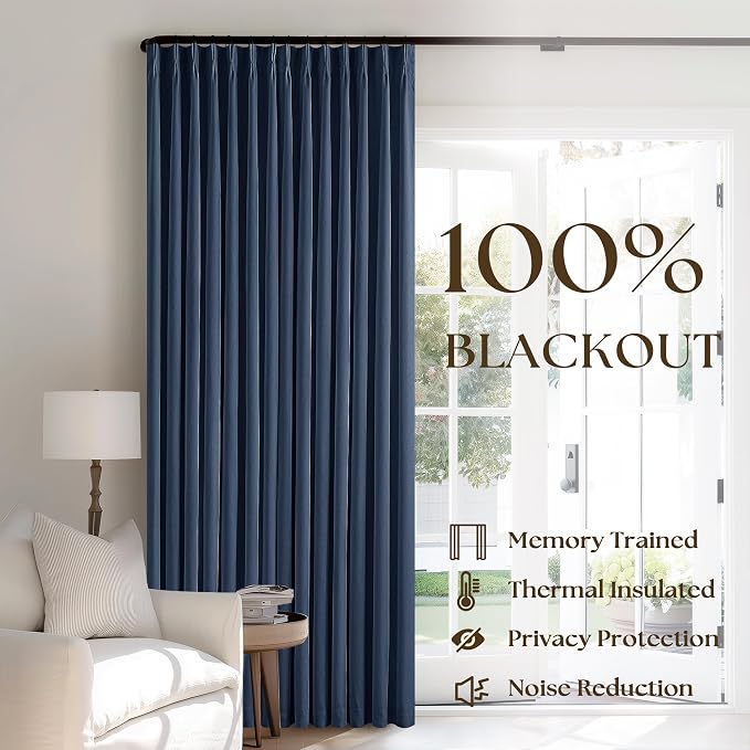 Dark Blue Linen 100% Blackout 120 Inch Curtains for Living Room 2 Panels | Pinch Pleated Back Tab Drapes, Thermal Insulated Full Black Out, W40xL120 Curtains for High Ceiling to Floor, Indigo Navy