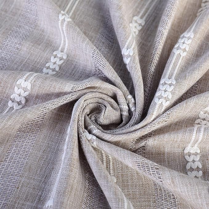 Linen Embroidery Striped Farmhouse Curtains for Living Room and Bedroom - Light Filtering Tassel Boho Drapes 2 Panels Set - Rod Pocket (52" W x 96" L, Khaki)