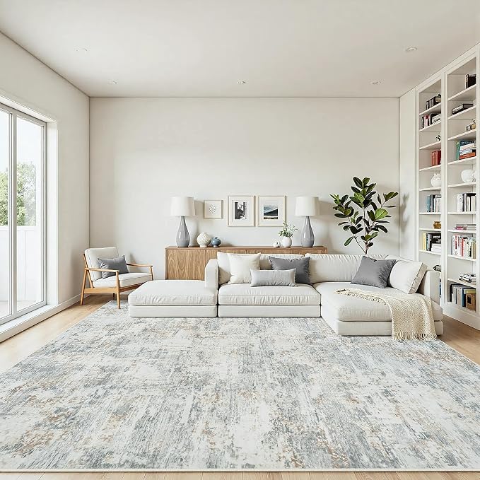 9x12 Area Rugs Living Room Rug Modern Abstract Neutral Washable Rugs Non Slip Soft Carpet Large Area Rug Low Pile Stain Resistant Non Shedding for Bedroom Nursery Dining Room Home Office Gray Brown