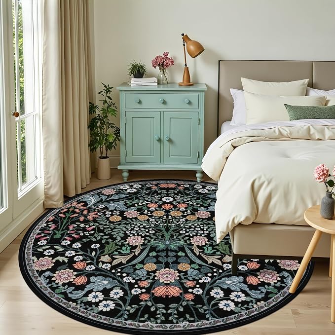 Round Area Rug for Living Room: 8 ft Floral Washable Circle Rug Soft Boho Non-Slip Carpet Indoor Floor Stain Resistant Low Pile Small Circular Rug for Bedroom Entryway Kitchen Nursery Dark Black