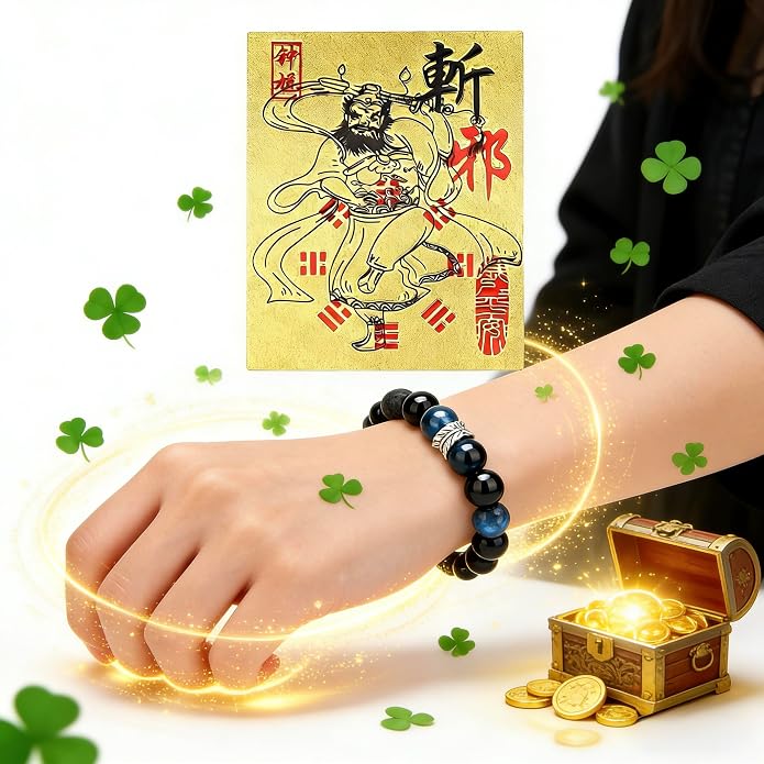 LINGYUAN Feng Shui Wealth and Luck Bracelet with Gold Foil Five Gods Amulet-Red Agate Cinnabar Gemstone Bracelet for Prosperity, Protection & Success, Lucky Charm Gift for Men & Women