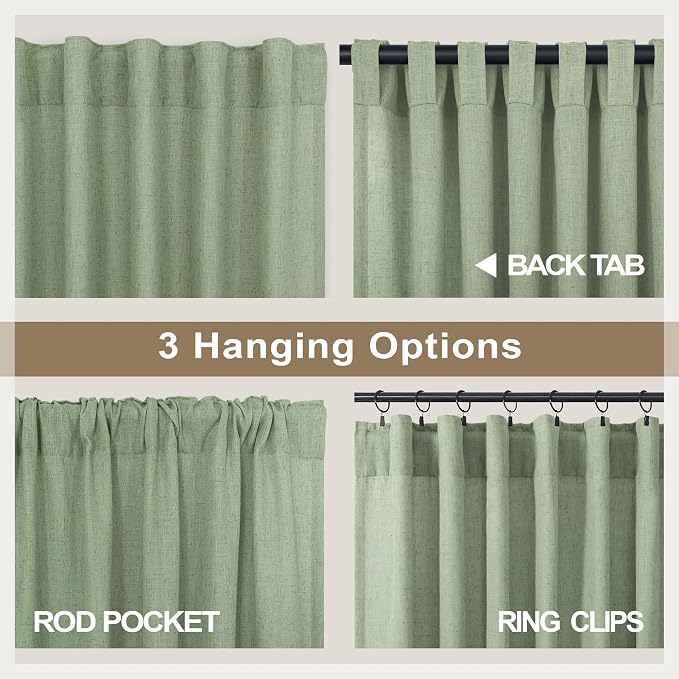 Light Sage Curtains 90 Inches Long for Living Room 2 Panels Back Tab Pocket Linen Drapes Light Filtering Semi Sheer Privacy Pale Sage Green Curtains for Bedroom Boys Boho Farmhouse Decor 52x90 Length