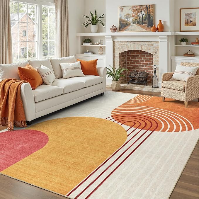DCX Abstract Machine Washable 10x13 Rug, Mid Century Modern Rug for Living Room, Soft Low Pile Non Slip Carpet, Kid & Pet Friendly Stain Resistant Rug for Bedroom Dining Room Office, Orange & Yellow