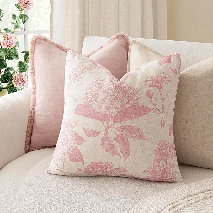 Foindtower Set of 2 Linen Floral Throw Pillow Covers Neutral Vintage Print Decorative Cozy Cushion Covers Farmhouse Boho Home Decor for Sofa Chair Couch Bedroom Living Room,20×20 Inch,Light Pink
