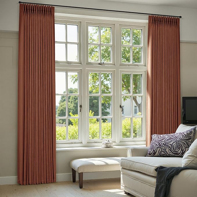 Terracotta Burnt Orange Thick Linen Curtains Pinch Pleated 102 Inch Length 2 Panels for Living Room Bedroom Semi Sheer Light Filtering Heavy Linen Drapes