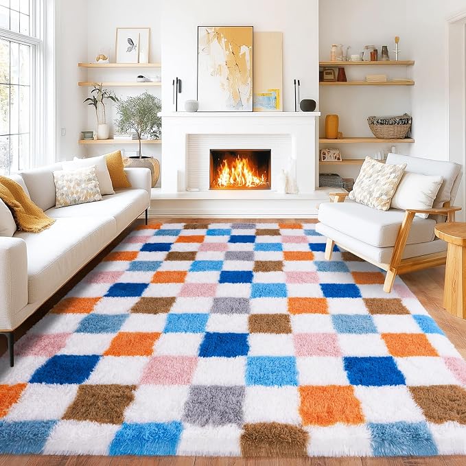 Pionblank 9x12 Area Rug, Large Fluffy Checkered Rugs for Living Room, Shag Rug for Bedroom, Soft Non Slip Shag Carpet for Kids Room Nursery Home Decor, Rainbow