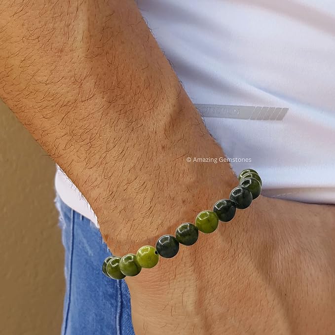 Amazing Gemstone Jade Bracelet, Gifts for Men & Women - Green Jade Protection Healing Crystal Bracelet - 8mm Gemstone Beaded Adjustable Bracelet, Pulseras para Hombres Mujer Stocking Stuffers