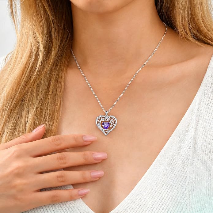 Tree of Life Birthstone Pendant Necklace - 925 Sterling Silver Heart Cubic Zirconia Diamond Women Pendant Necklaces for Her Daughter Girlfriend Birthday Gift Ideas for Wife Mom for Valentines Day