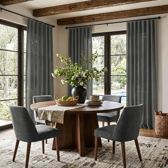 Dark Gray Curtains 108 Inches Long 2 Panels Set for Patio Door 2 Panels Rod Pocket Semi Sheer Linen Lightweight Drapes Charcoal Grey Cotton Textured 9ft Curtain for Dining Room Bedroom Playroom 52x108