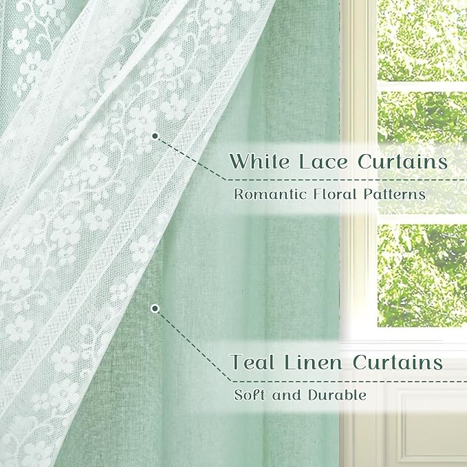ASPMIZ Linen Kitchen Tier Curtains 36 Inch Length, Double Layer Kitchen Curtain 2 Panel Sets Rod Pocket Short Window Curtains with Tiebacks, Rustic Window Treatments for Bathroom Cafe, Mint Green