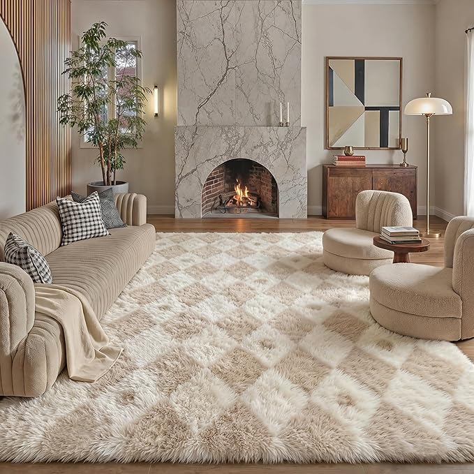 PureCozy Checkered Rug 9x12 Fluffy Shag Living Room Beige Area Rug Modern Washable Carpet Soft Shaggy Non Slip Indoor Plush Fuzzy Rugs for Bedroom Dorm Office Home Aesthetic Decor