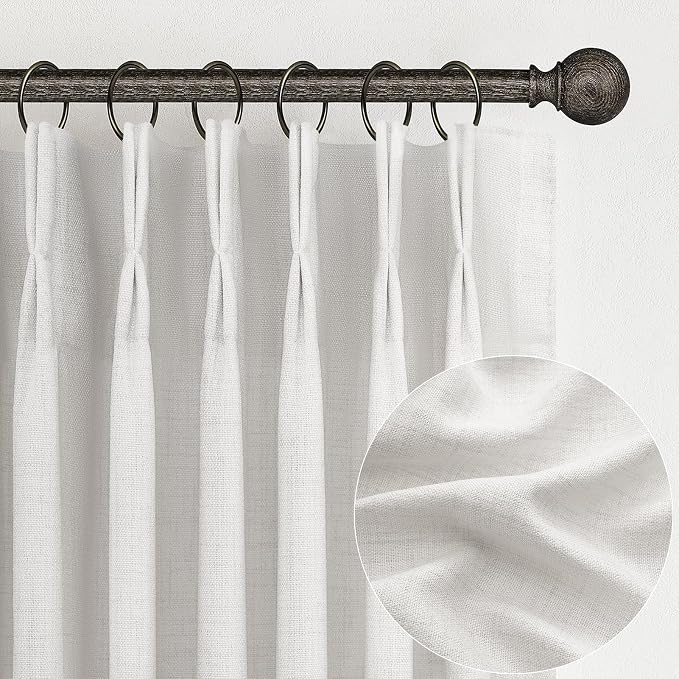 Unique Beige White 86 Inch Bedroom Curtains 2 Panel Sets, Modern Pinch Pleat Linen Sheer Viral Curtain Light Filtering Heavy Window Drapes with Hooks Rings Ceiling Track Aesthetic for Nursery/Sunroom