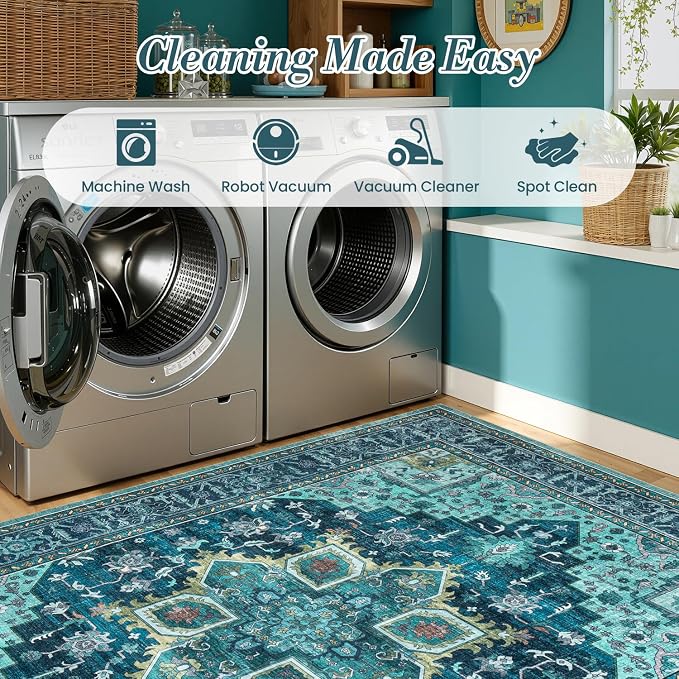 9x12 Turquoise Large Area Rugs for Living Room - Boho Teal Green Medallion Aesthetic Distressed Washable Rug, Soft Non-Slip Backing Low Pile Carpet for Dining Under Table, Bedroom, Office