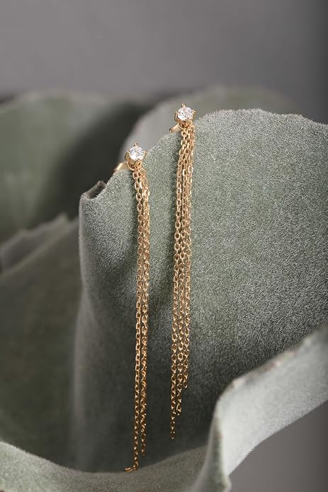 S.Leaf S925 Sterling Silver Threader Chain Earrings 18K Gold Plated Cubic Zirconia Dainty Dangle Double Piercing Long Drop Dangly Pull Through Tassel Chain Earrings Gifts for Women