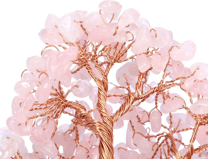Jovivi Natural Rose Quartz Healing Crystal Money Tree on Amethyst Cluster Geode Druzy Base Feng Shui Crystals for Home Office Desk Decorations, Wealth, Good Luck